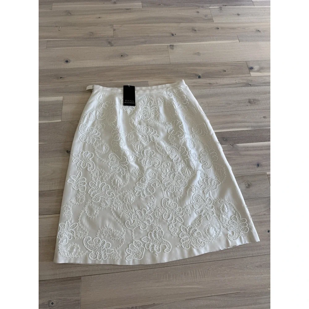 FAB Dana Buchman White Silk w Glass Beads Fully Beaded A-line Skirt Size 8$ 550
